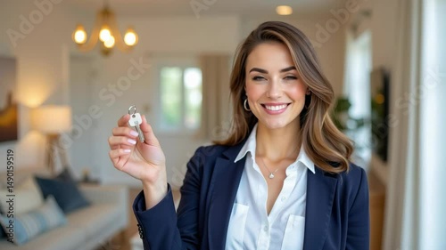 Confident Real Estate Agent Holding House Keys in Bright Modern Living Room with Warm Lighting
