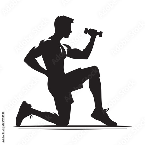 silhouette of people exercising, training muscles, body building, editable vector image