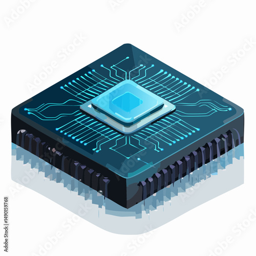 A detailed isometric illustration of a computer chip with interconnected circuits, signifying technological advancement