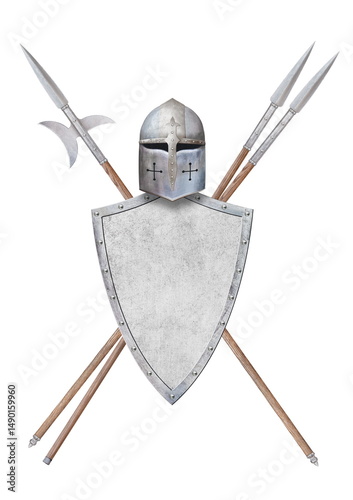 helmet shield halberd and two spears isolated on white