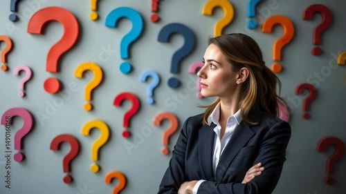 Thoughtful woman pondering in front of colorful question mark wall in modern office setting