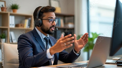 Professional man in business suit using headset in modern office during online video call with laptop