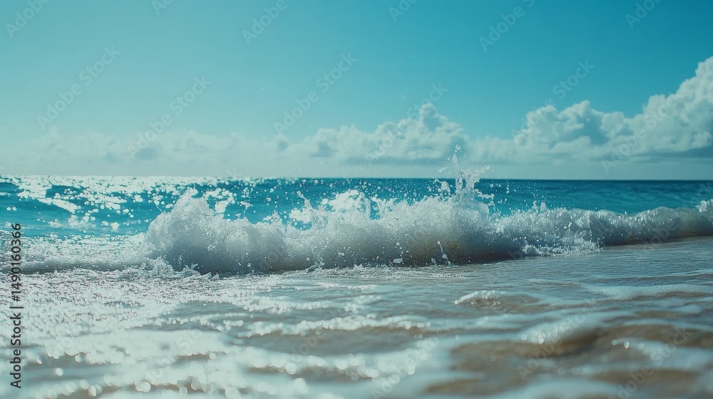 Obraz premium Sand, sea, and summer vibes. Ocean waves splashing on a blue beach. Relaxing tropical scene with turquoise water.