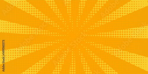 Retro orange sun rays on yellow halftone pattern background. Dotted or noise texture. Bright pixel art comic and pop-up design. Vector wall for poster, banner, advertising.