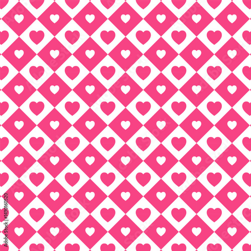 Seamless pattern with hearts in squares in pink and white.Cute geometric repeat pattern.Vector graphic illustration texture background for Valentine's Day.