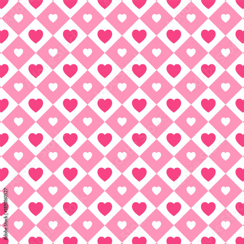 Seamless pattern with white and pink heart in square.Cute geometric repeat pattern.Vector graphic illustration background.