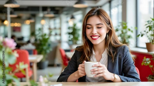 Young businesswoman enjoying coffee in modern office, smiling and looking confident, lifestyle concept