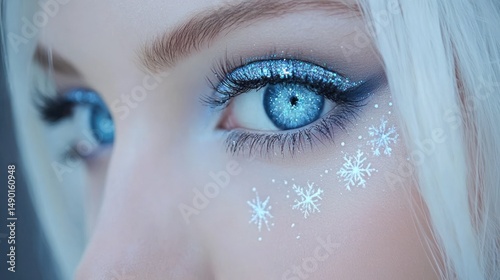 Close up blue eye with glitter and snowflake makeup design winter holiday beauty fashion cosmetics