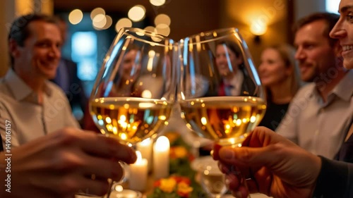 Celebration Moment with Toasting Glasses of Wine Surrounded by Friends in a Cozy Restaurant Setting