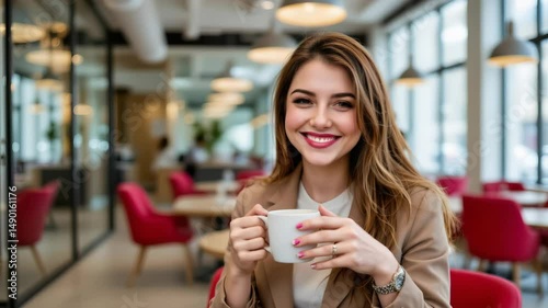 Smiling Young Woman Enjoying Coffee in Modern Cafe with Bright Interior and Cozy Atmosphere
