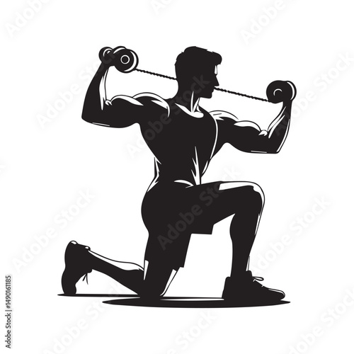 silhouette of people exercising, training muscles, body building, editable vector image