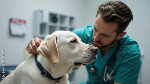 Veterinarian Gently Examining Friendly Labrador Dog in Modern Clinic Setting with Caring Atmosphere