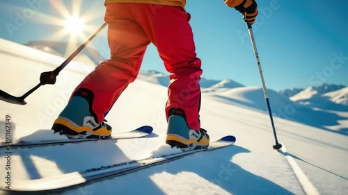 Adventurous Skier Gliding Through Fresh Powder Snow on a Bright Sunny Day in the Mountains