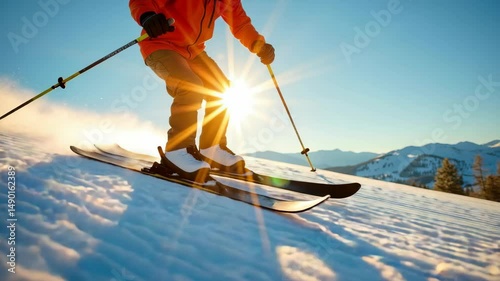 Skier Carves Through Deep Powder Snow with Sunlight Glinting in the Background on a Clear Mountain Day