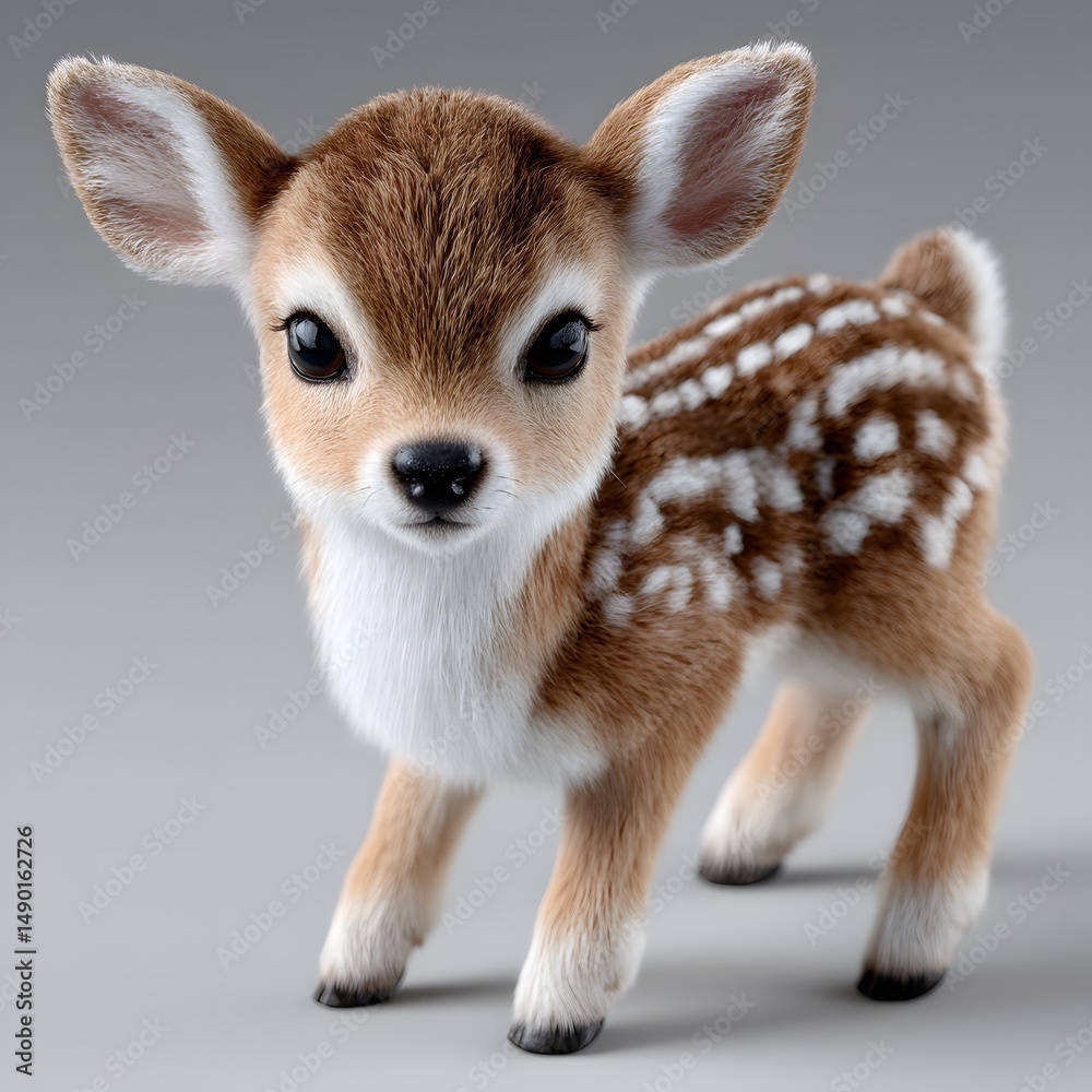 Obraz premium Cute, digitally rendered fawn, looking directly at viewer. Fluffy, spotted fur
