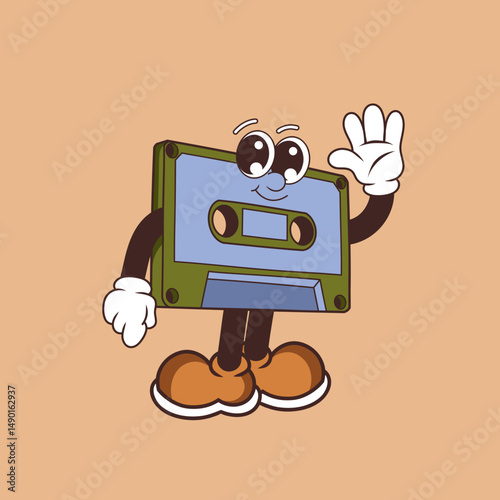 Retro character design of happy cassette tape