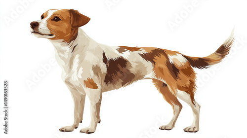 A full-body Jack Russell Terrier standing on a white background, showing its athletic build, short coat, perky ears, and energetic stance