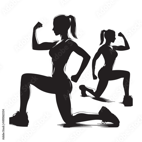 silhouette of people exercising, training muscles, body building, editable vector image