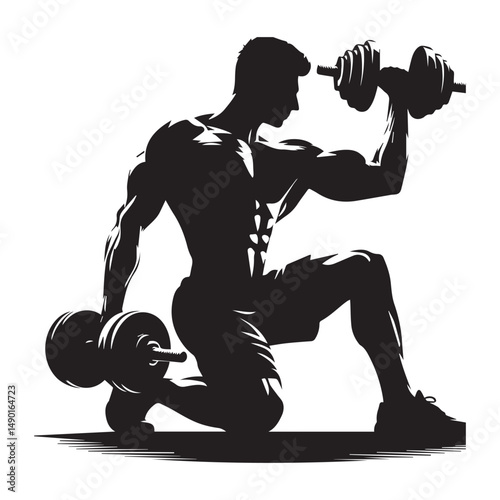 silhouette of people exercising, training muscles, body building, editable vector image