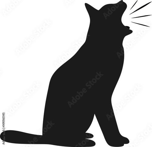A cute black cat silhouette, a vector illustration of a domestic pet, stands outlined against a white background