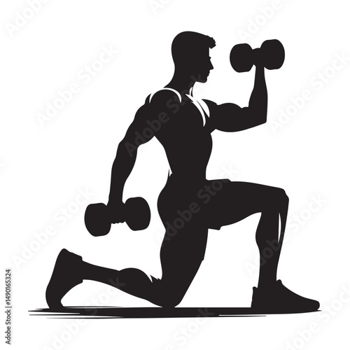 silhouette of people exercising, training muscles, body building, editable vector image