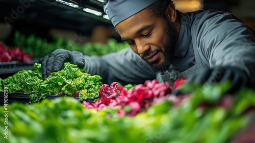Man arranging fresh greens and colorful vegetables in a market, showcasing vibrant produce