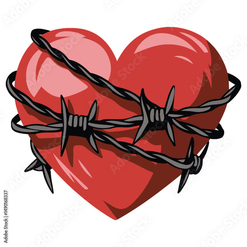 Heart wrapped with barbed wire isolated vector illustration on white background