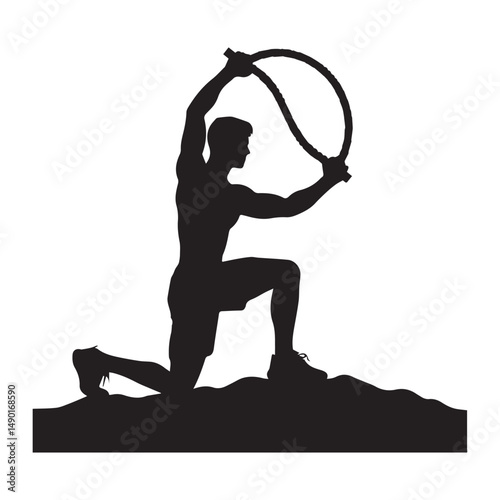 silhouette of people exercising, training muscles, body building, editable vector image