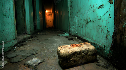 Wallpaper Mural Gloomy hallway in disrepair with brick in foreground evokes abandoned atmosphere Torontodigital.ca