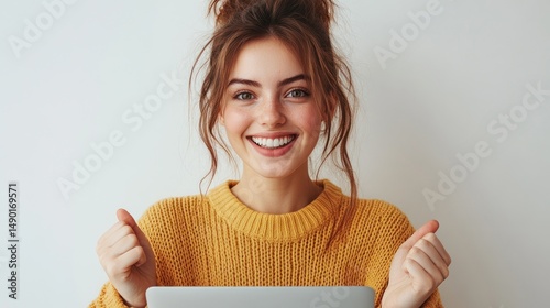 Joyful Young Woman with Laptop