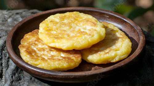Golden corn fritters presented artfully on a rustic wooden plate outdoors