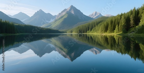 Nature’s beauty reflected in tranquil mountain waters — a serene lake mirroring majestic mountains, lush forests, and a clear sky. Calm atmosphere, vibrant natural colors, high detail, soft lighting, 