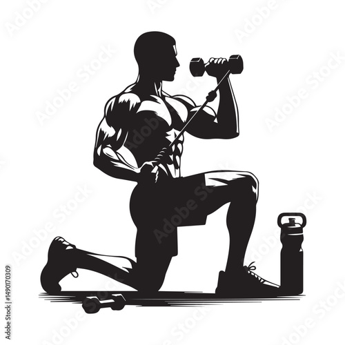 silhouette of people exercising, training muscles, body building, editable vector image