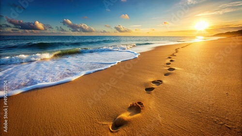Footprints in the sand, gentle waves in the background, serene, nature,  serene, nature, wave, ocean, serenity, footprints