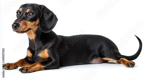 A lively Jack Russell Terrier dog sitting  alertly with perked ears and short fur, isolated on a white background.
