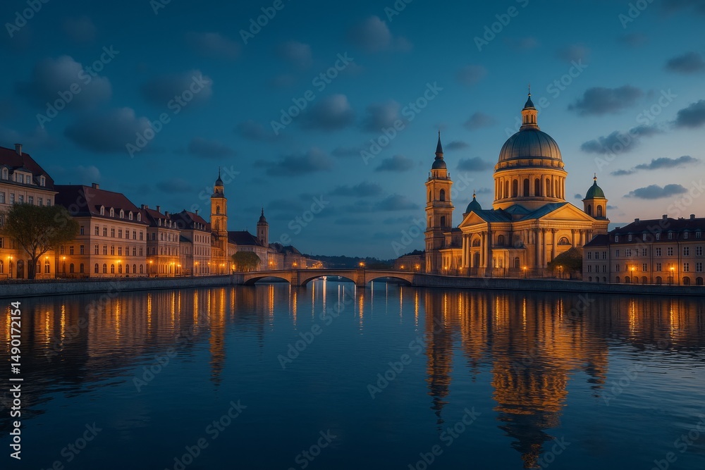Fototapeta premium Stunning Evening View of Dresden Frauenkirche Illuminated Reflecting in River Elbe Beautiful Architecture Romantic Cityscape Night Photography German Landmark Peaceful Twilight Scenery Picturesque 