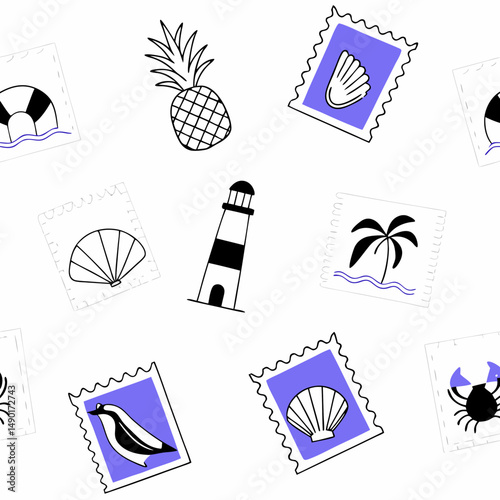 palm tree, lemon, orange, umbrella, cocktail glass, starfish, sailboat, sunglasses, beach, sand castle, seashell, coral, plant pot
