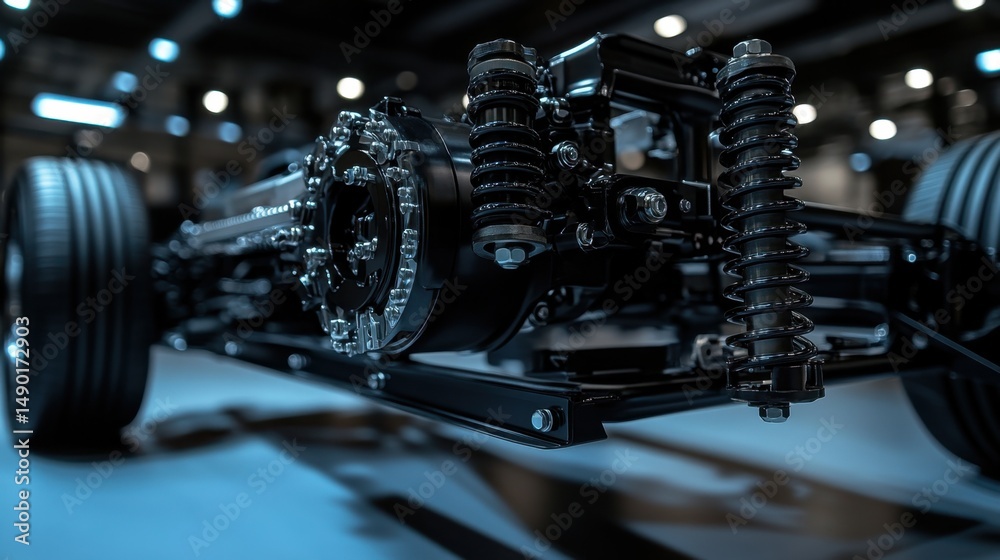Fototapeta premium Close-up of modern car suspension system installed in a sleek metal chassis