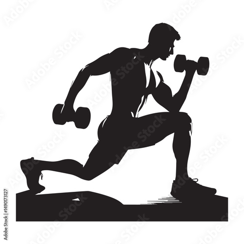 silhouette of people exercising, training muscles, body building, editable vector image