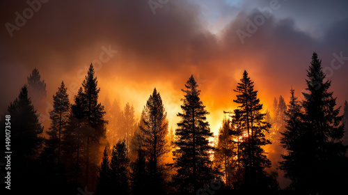 A striking image capturing the intensity of a forest fire, with towering flames consuming trees and billowing smoke filling the sky.