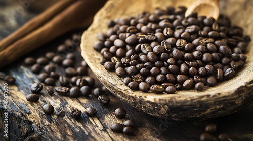 Roasted coffee beans in wooden bowl with cinnamon