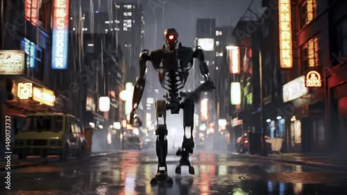 Wallpaper Mural Scary robot wanders through a rainy city. Perfect for scifi book covers, technology blogs, or futuristic concept designs. Torontodigital.ca