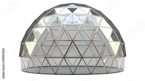 Geodesic dome structure with triangular glass panels view on a transparent background