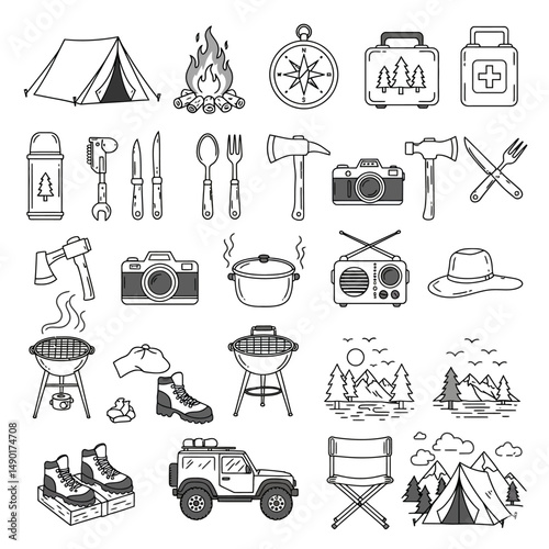 A seamless pattern of camping and outdoor adventure equipment in monochrome line art style design theme