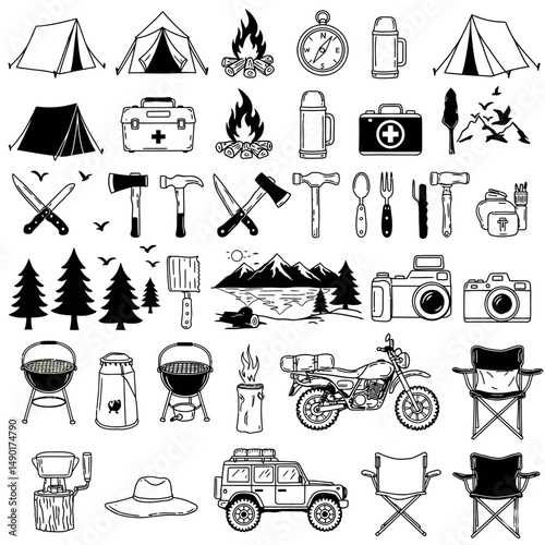 A collection of camping and outdoor adventure themed line art icons in a seamless pattern design
