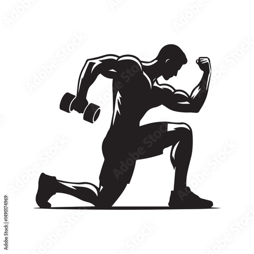 silhouette of people exercising, training muscles, body building, editable vector image