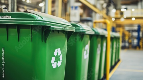 Green recycling bins in factory; industrial waste management
