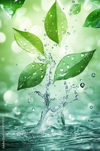 Vibrant green leaves emerging from water, glistening with droplets