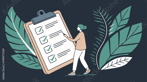 Woman completing checklist on clipboard green leaves