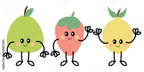 Cute fruits, strawberry lemon and pear, illustration white background